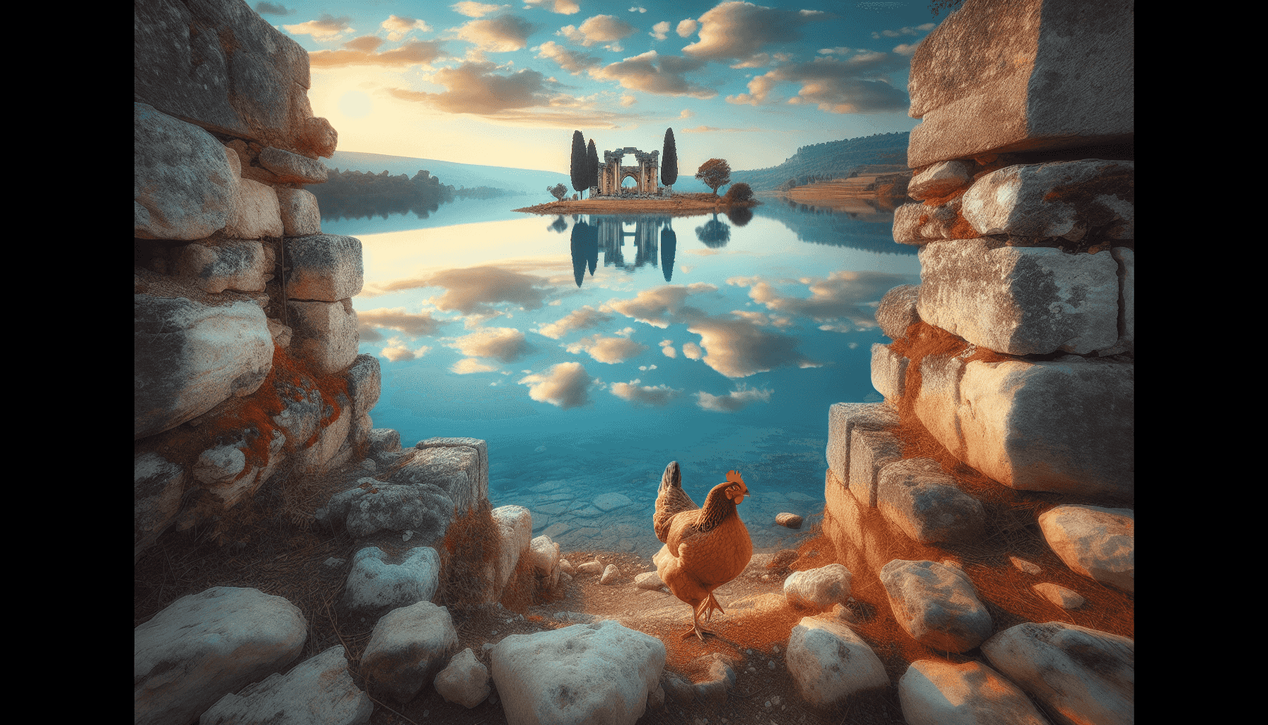 A lone hen in a post-apocalyptic landscape