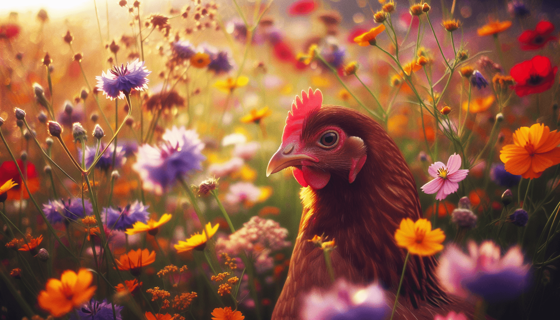 Contemplative hen with wildflowers