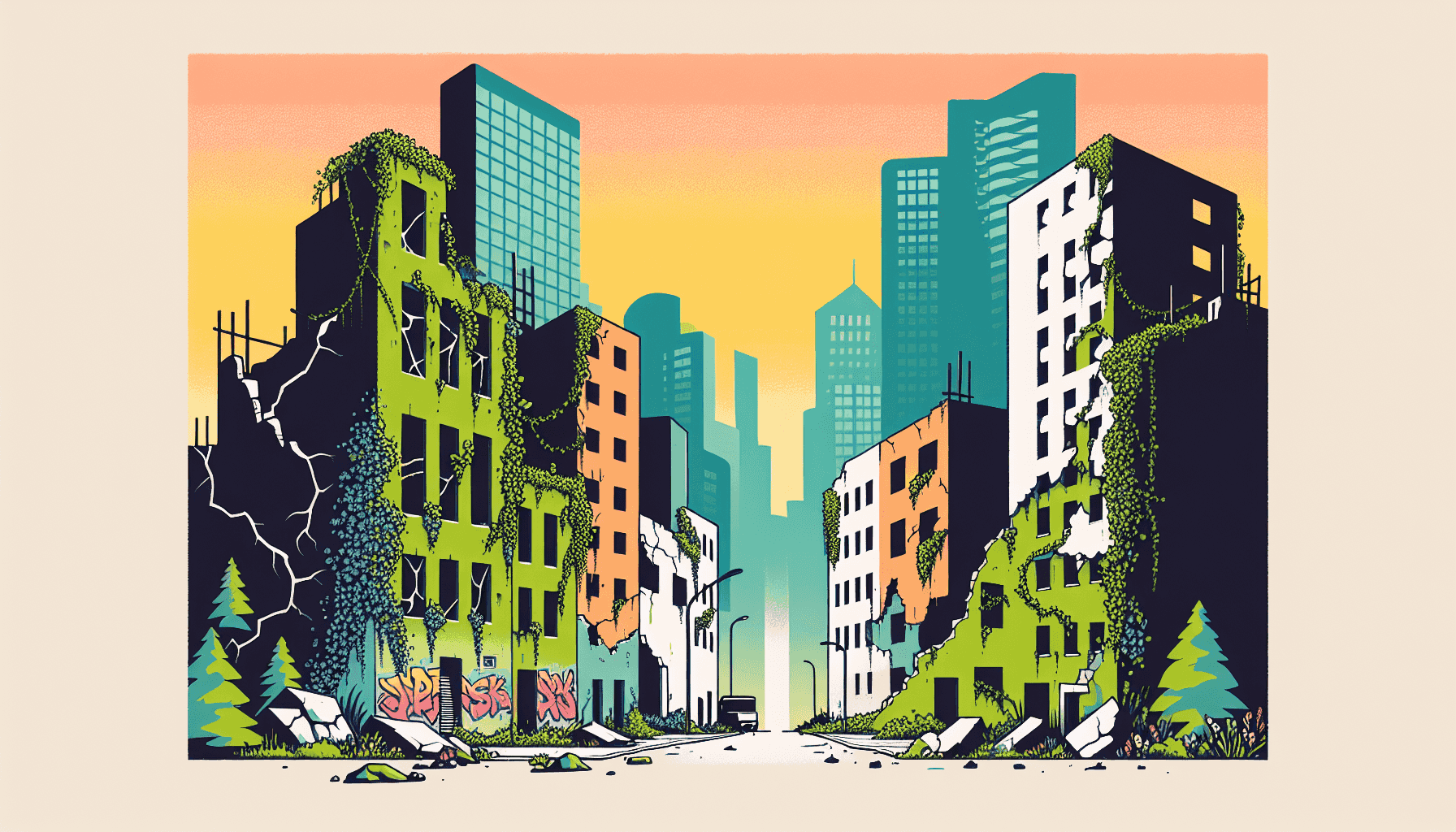 Nature reclaiming a destroyed city