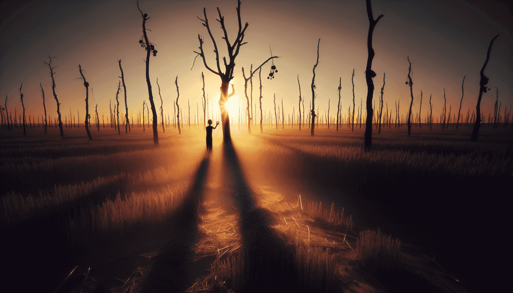 Sunset over a desolate field with a hen